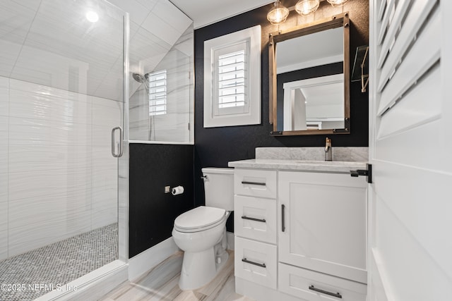 520 E Coast Dr, Atlantic Beach, FL 32233 - full bath with a shower stall, toilet, vanity, and vaulted ceiling
