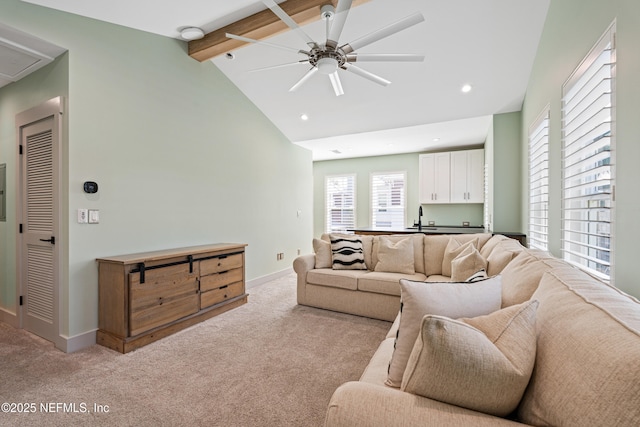 520 E Coast Dr, Atlantic Beach, FL 32233 - living room featuring beamed ceiling, light carpet, ceiling fan, baseboards, and recessed lighting