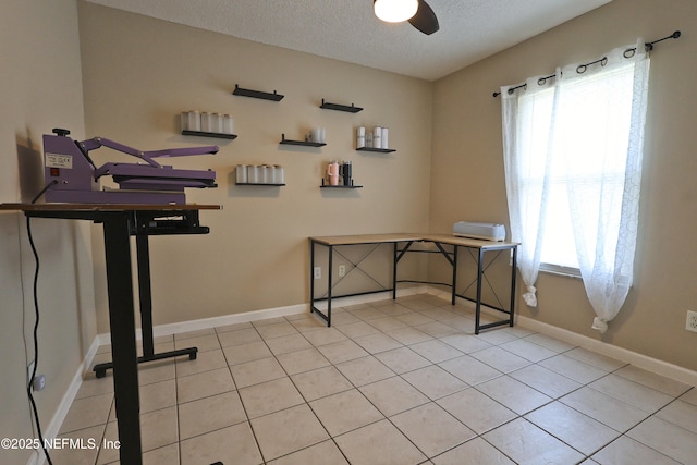 502 Vermont Ave, Green Cove Springs, FL 32043 - office area featuring healthy amount of natural light, a textured ceiling, light tile patterned floors, a ceiling fan, and baseboards