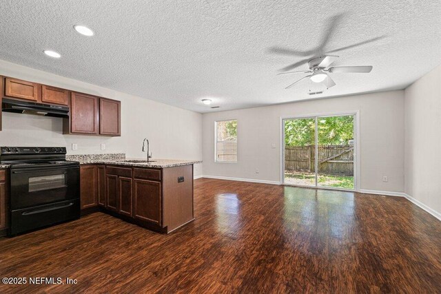 3143 Post St, Jacksonville, FL 32205 - kitchen with black range with electric cooktop, under cabinet range hood, a sink, a peninsula, and dark wood-style flooring