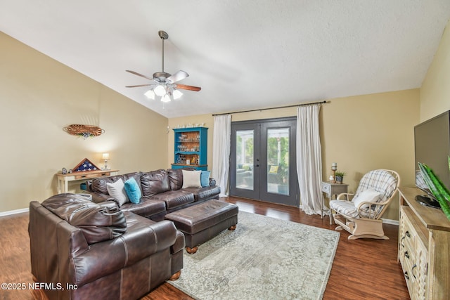3684 Arava Dr, Green Cove Springs, FL 32043 - living room with vaulted ceiling, french doors, a ceiling fan, dark wood finished floors, and baseboards