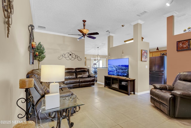 1695 Northglen Cir, Middleburg, FL 32068 - living area with a ceiling fan, light tile patterned floors, a textured ceiling, baseboards, and a chandelier