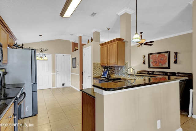 1695 Northglen Cir, Middleburg, FL 32068 - kitchen featuring a ceiling fan, electric range, tasteful backsplash, light tile patterned flooring, and dark stone counters