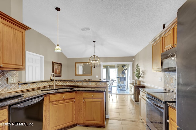 1695 Northglen Cir, Middleburg, FL 32068 - kitchen with stainless steel appliances, a sink, decorative backsplash, vaulted ceiling, and light tile patterned flooring