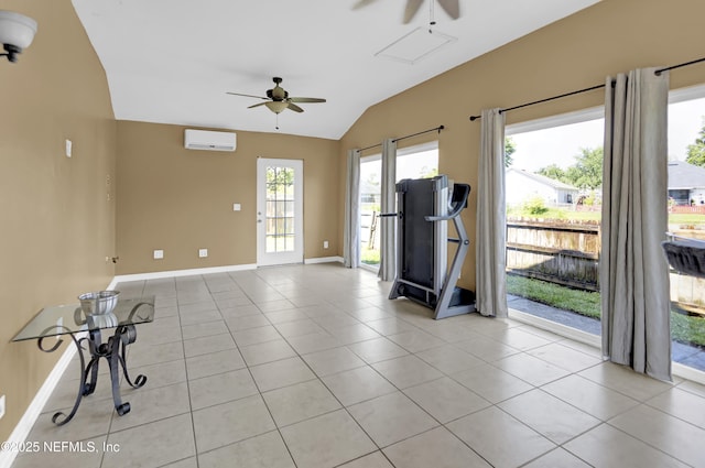 1695 Northglen Cir, Middleburg, FL 32068 - exercise area with a ceiling fan, a wall mounted air conditioner, lofted ceiling, baseboards, and tile patterned floors