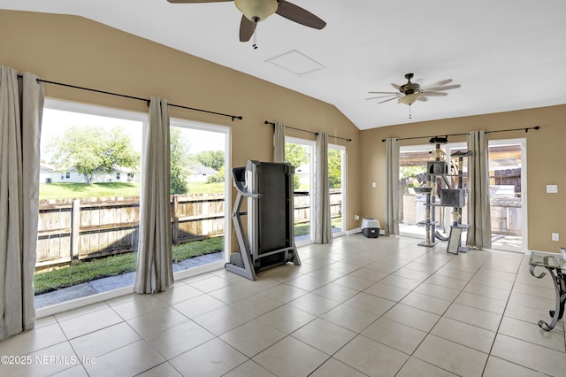 1695 Northglen Cir, Middleburg, FL 32068 - exercise room featuring lofted ceiling, ceiling fan, light tile patterned floors, and baseboards