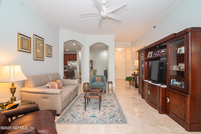 4300 S Beach Pkwy Unit 4306, Jacksonville Beach, FL 32250 - living room featuring a ceiling fan, arched walkways, and crown molding