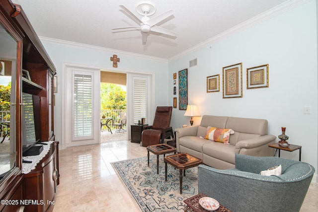 4300 S Beach Pkwy Unit 4306, Jacksonville Beach, FL 32250 - living area with ornamental molding, ceiling fan, and light marble finish flooring