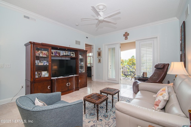4300 S Beach Pkwy Unit 4306, Jacksonville Beach, FL 32250 - living room featuring ornamental molding, ceiling fan, and baseboards
