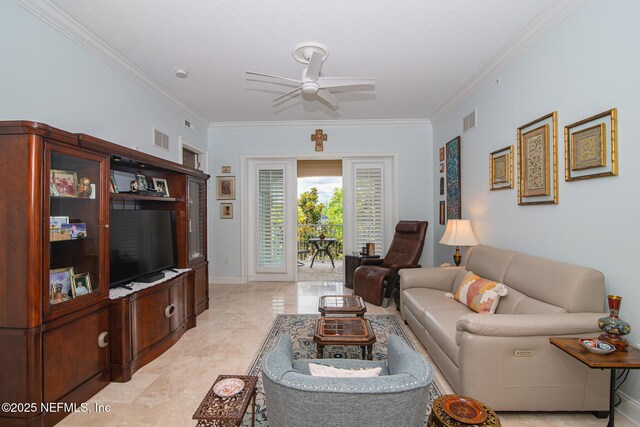 4300 S Beach Pkwy Unit 4306, Jacksonville Beach, FL 32250 - living area with a ceiling fan, crown molding, and baseboards