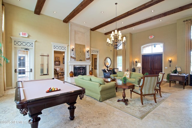 4300 S Beach Pkwy Unit 4306, Jacksonville Beach, FL 32250 - rec room with a high ceiling, beamed ceiling, billiards, a chandelier, and recessed lighting