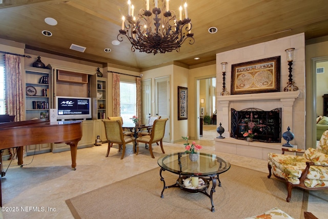 4300 S Beach Pkwy Unit 4306, Jacksonville Beach, FL 32250 - living room with a chandelier, wooden ceiling, a premium fireplace, and recessed lighting