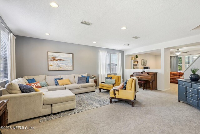 864 Collinswood Dr W, Jacksonville, FL 32225 - living room featuring carpet flooring, a textured ceiling, recessed lighting, and a ceiling fan