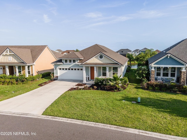 497 Convex Ln, Saint Augustine, FL 32095 - view of front of home with concrete driveway, a garage, a front lawn, stone siding, and covered porch
