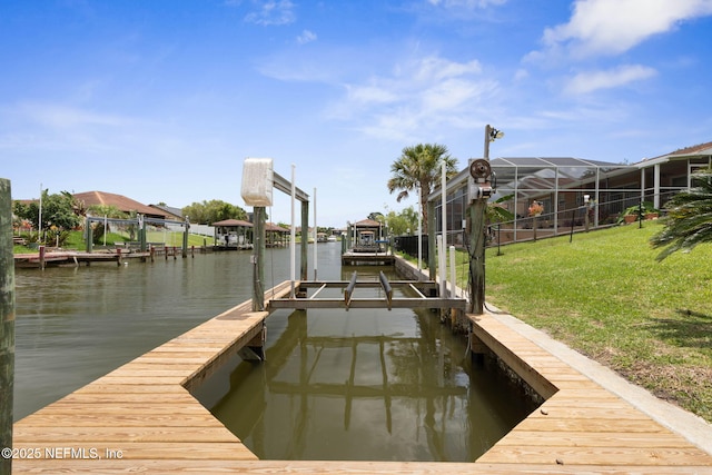 13 Clarendon Ct S, Palm Coast, FL 32137 - dock area featuring a water view, a lawn, and boat lift