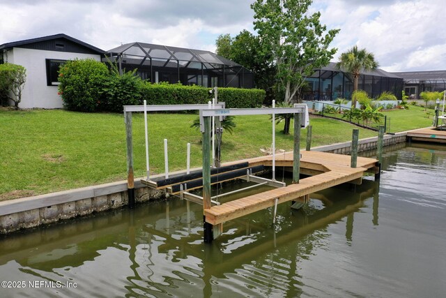 13 Clarendon Ct S, Palm Coast, FL 32137 - dock with a water view, boat lift, and a lawn
