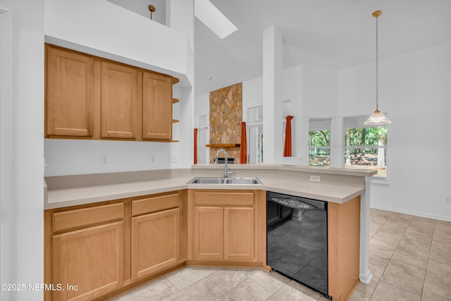 96428 Chester Rd, Yulee, FL 32097 - kitchen with dishwasher, a sink, a peninsula, open shelves, and light countertops