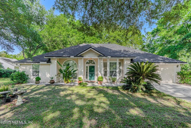 96428 Chester Rd, Yulee, FL 32097 - ranch-style house featuring an attached garage, concrete driveway, a front lawn, and roof with shingles