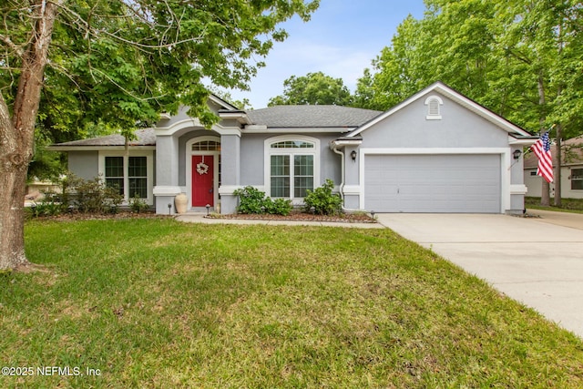 ranch-style house featuring stucco siding, driveway, a garage, a front yard, and roof with shingles
