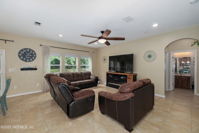274 Colorado Springs Way, Saint Augustine, FL 32092 - living room featuring ceiling fan, arched walkways, light tile patterned floors, recessed lighting, and baseboards