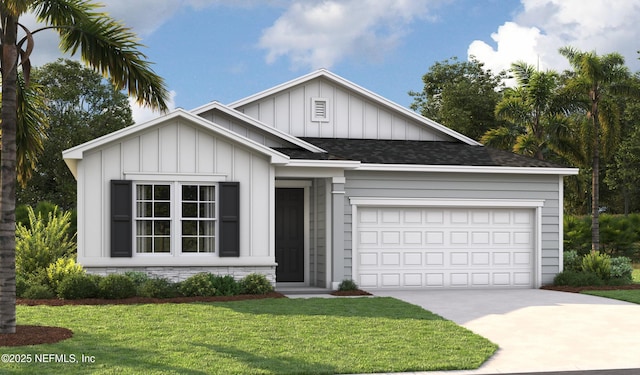 65 Elm Creek Dr, Saint Augustine, FL 32092 - view of front facade featuring board and batten siding, driveway, a front yard, a shingled roof, and a garage