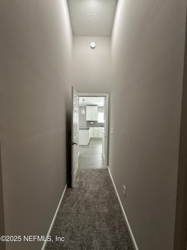 1456 Greenway Pl, Fleming Island, FL 32003 - corridor with dark colored carpet, a textured ceiling, and baseboards