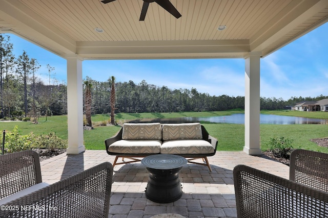 44 Sea Grn Way, Ponte Vedra, FL 32081 - view of patio / terrace featuring a water view, a ceiling fan, an outdoor living space, and view of scattered trees