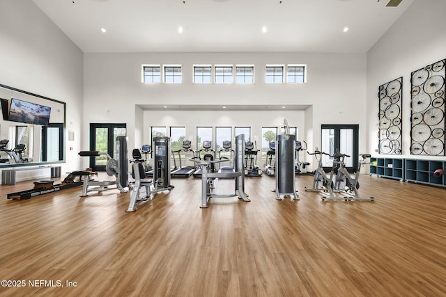 328 Clarys Run, Saint Augustine, FL 32092 - workout area featuring a high ceiling, french doors, and wood finished floors