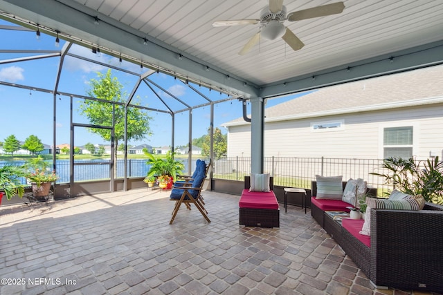 267 Ash Breeze Cv, Saint Augustine, FL 32095 - view of patio / terrace featuring an outdoor hangout area, a water view, ceiling fan, and a lanai