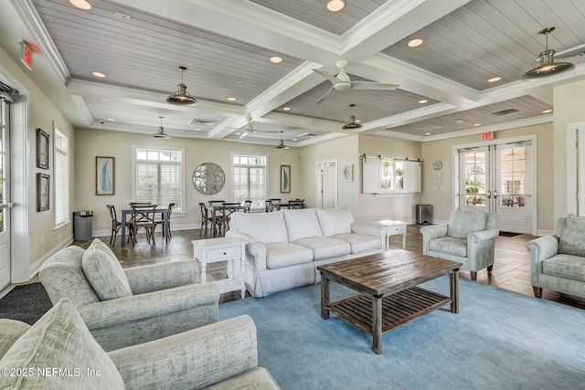 267 Ash Breeze Cv, Saint Augustine, FL 32095 - living room with recessed lighting, beamed ceiling, coffered ceiling, baseboards, and a ceiling fan