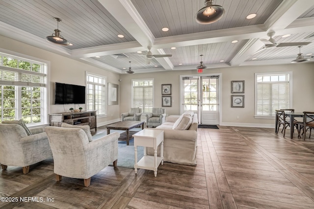 267 Ash Breeze Cv, Saint Augustine, FL 32095 - living area with a ceiling fan, baseboards, plenty of natural light, beamed ceiling, and coffered ceiling