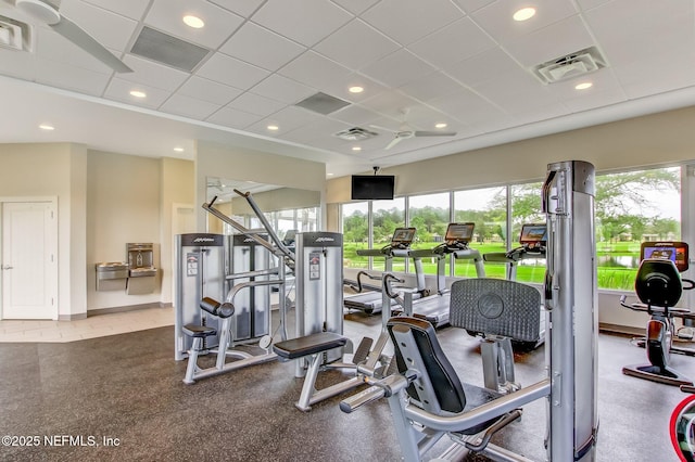 267 Ash Breeze Cv, Saint Augustine, FL 32095 - gym with healthy amount of natural light, a paneled ceiling, a ceiling fan, and recessed lighting