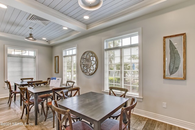 267 Ash Breeze Cv, Saint Augustine, FL 32095 - dining room with light wood finished floors, baseboards, wood ceiling, and recessed lighting