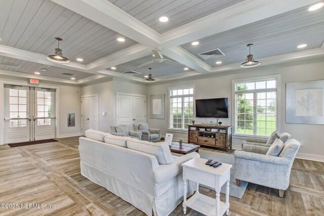 267 Ash Breeze Cv, Saint Augustine, FL 32095 - living area featuring baseboards, coffered ceiling, recessed lighting, and beam ceiling