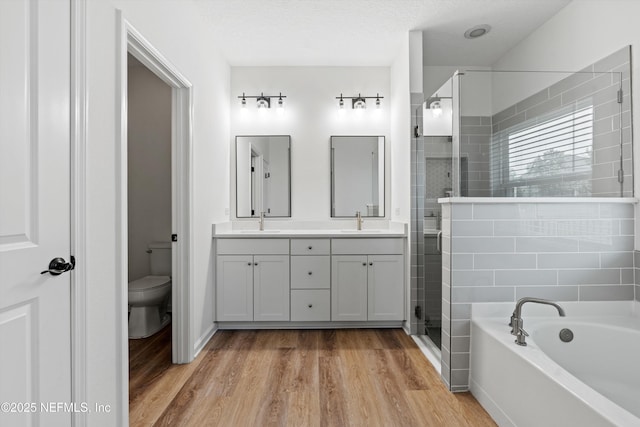 32 Mosaic Park Ave, Saint Augustine, FL 32092 - full bathroom featuring a stall shower, double vanity, wood finished floors, and a garden tub