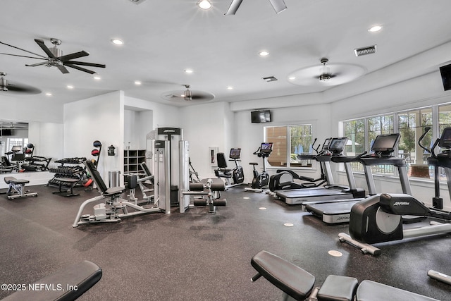 84754 Fall River Pkwy, Fernandina Beach, FL 32034 - gym featuring a ceiling fan and recessed lighting