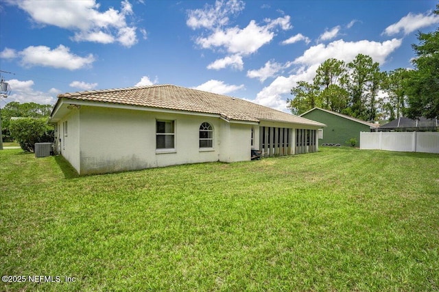 30 Patuxent Ln, Palm Coast, FL 32164 - back of house featuring cooling unit, stucco siding, a tile roof, and a sunroom