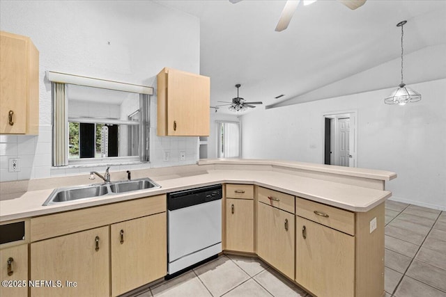 30 Patuxent Ln, Palm Coast, FL 32164 - kitchen with white dishwasher, ceiling fan, light brown cabinetry, a sink, and a peninsula