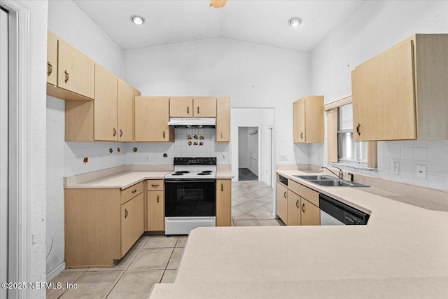 30 Patuxent Ln, Palm Coast, FL 32164 - kitchen featuring electric range oven, under cabinet range hood, dishwashing machine, light brown cabinets, and light tile patterned floors