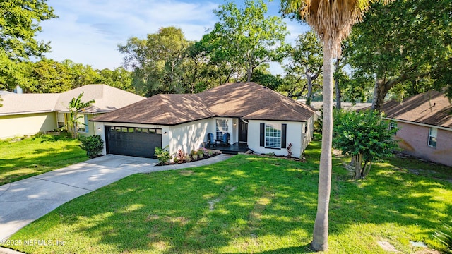 12489 Windy Willows Dr N, Jacksonville, FL 32225 - ranch-style house featuring a front yard, an attached garage, stucco siding, and concrete driveway