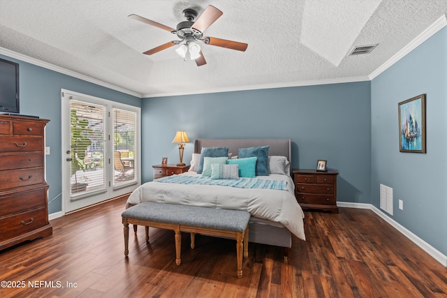 595 Glasgow Ct, Orange Park, FL 32073 - bedroom with a textured ceiling, access to exterior, dark wood-style floors, crown molding, and baseboards