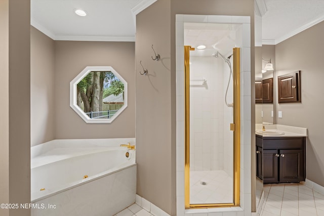 595 Glasgow Ct, Orange Park, FL 32073 - bathroom with vanity, a shower stall, ornamental molding, tile patterned floors, and a garden tub