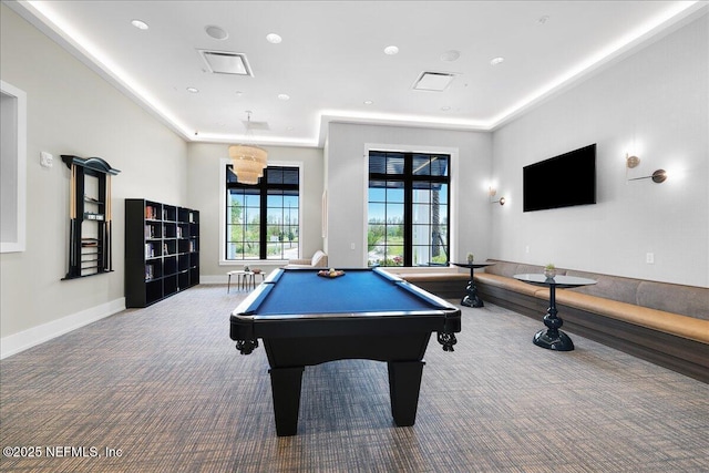 game room with carpet floors, pool table, and baseboards