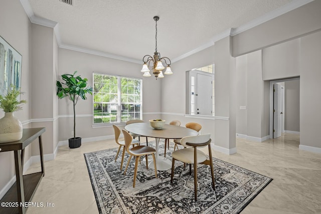 13759 Wingfield Pl, Jacksonville, FL 32224 - dining space featuring a chandelier, ornamental molding, a textured ceiling, light marble finish floors, and baseboards