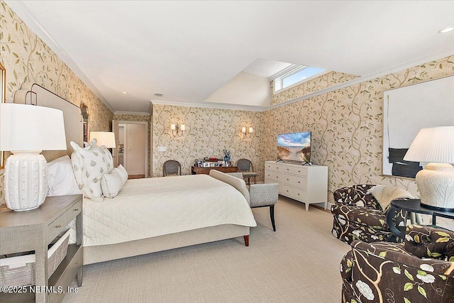 57 Village Walk Dr, Ponte Vedra Beach, FL 32082 - bedroom featuring wallpapered walls, light colored carpet, and ornamental molding