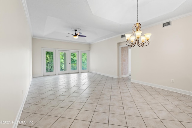 100 Bermuda Bay Cir Unit 104, Ponte Vedra Beach, FL 32082 - empty room with a tray ceiling, a chandelier, ceiling fan, ornamental molding, and light tile patterned floors