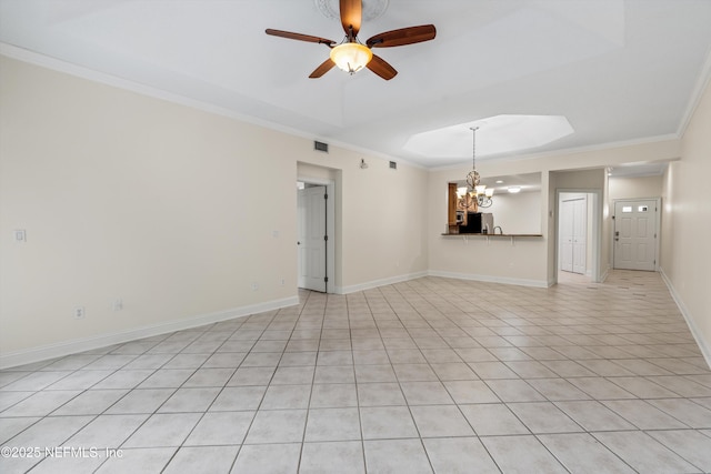 100 Bermuda Bay Cir Unit 104, Ponte Vedra Beach, FL 32082 - unfurnished living room with a chandelier, crown molding, ceiling fan, light tile patterned flooring, and baseboards