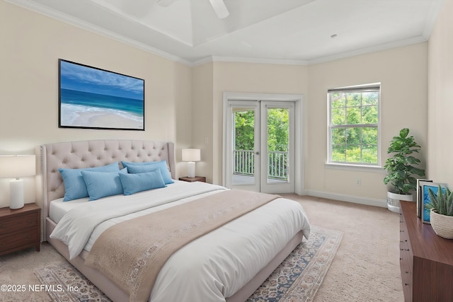 100 Bermuda Bay Cir Unit 104, Ponte Vedra Beach, FL 32082 - bedroom featuring access to exterior, light colored carpet, a ceiling fan, baseboards, and crown molding