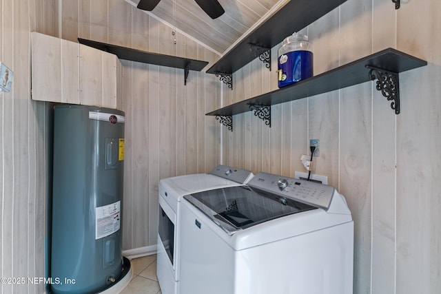 15 Ponte Vedra Ct Unit C, Ponte Vedra Beach, FL 32082 - laundry area featuring water heater, washing machine and dryer, wooden walls, light tile patterned flooring, and a ceiling fan