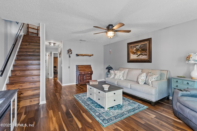 15 Ponte Vedra Ct Unit C, Ponte Vedra Beach, FL 32082 - living area featuring ceiling fan, stairs, dark wood-type flooring, a textured ceiling, and baseboards